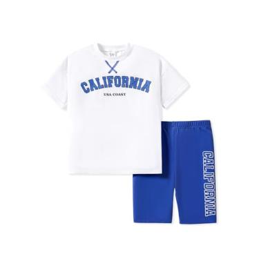 Imagem de PATPAT Conjunto de 2 peças para meninas, conjunto de camiseta e leggings, short de motociclista para meninas, Azul marinho, 8-9 Anos