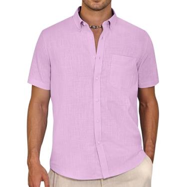 Imagem de Alimens & Gentle Camisa masculina de linho de manga curta casual de algodão com colarinho camisas de praia de verão, Lilás, G