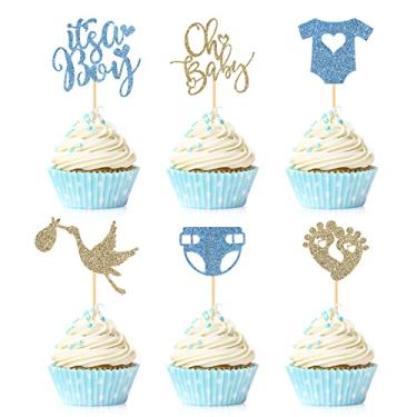 Imagem de 36 Pack Oh Baby Cupcake Toppers Glitter Bow Tie Footprint Jumpsuit It's a Boy for Baby Shower Boys Birthday Party Decoration Supplies