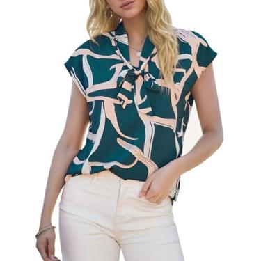 Imagem de YKR Blusas femininas elegantes de verão com laço estampado gráfico manga curta gola gravata chiffon tops para mulheres visual casual, Verde, M