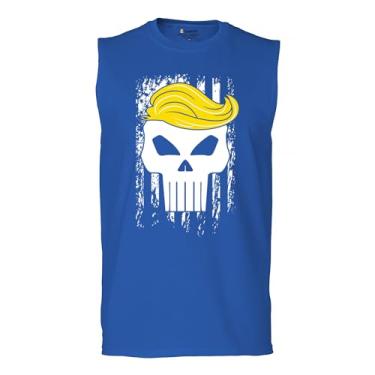 Imagem de Tee Hunt Camiseta masculina Trump Flag 2024 Muscle Make America First Great Again Deplorable Skull My President MAGA Republican FJB, Azul, GG