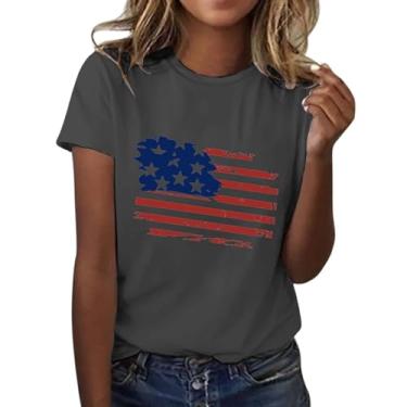 Imagem de Camiseta feminina moderna casual com bandeira do Dia da Independência estampada gola redonda manga curta camiseta xadrez para mulheres, Cinza escuro, G