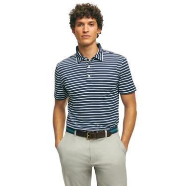 Imagem de Brooks Brothers Camisa esportiva masculina de manga curta de algodão Madras de botão, Azul-marinho/branco, M