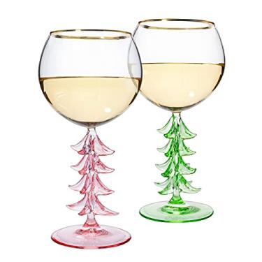 Imagem de Taça de vinho com haste de árvore de Natal de cristal - rosa e verde - 355 ml Taça Bordeaux Gold Rim Vidro Colorido, Festa alegre Festiva de Natal Cheer para Presente de Natal e Inverno Temporada The Wine Savant
