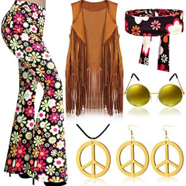 Imagem de Haull Conjunto de 7 peças de roupas femininas hippie discoteca dos anos 60, 70, conjunto de fantasia de Halloween, calça rodada, colete com franja, sinal de paz, Multicor, M