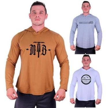 Imagem de Kit 3 Camisetas Manga Longa com Touca Longline Estampada Fitness Musculação Dia-a-Dia-Masculino