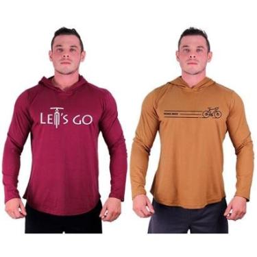 Imagem de Kit 2 Camisetas Manga Longa com Touca Longline Estampada Fitness Musculação Dia-a-Dia-Masculino
