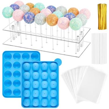 Imagem de Kit para fazer bolos, suporte de exibição de pirulito acrílico transparente com 20 cavidades de silicone, 100 palitos e laços torcidos para pirulito e bolo (azul)
