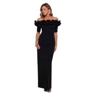 Imagem de Xscape Vestido feminino longo de crepe com ombros de fora (regular e pequeno), Preto, 38