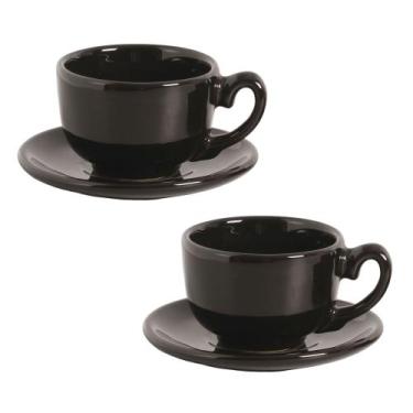 Imagem de Xícara de Chá Grande Com Pires Cerâmica Jumbo Chá Café 240ml Cor Preta