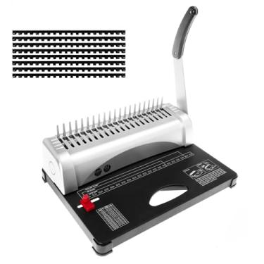 Imagem de DUPDMKIN Máquina de encadernação com 21 furos, capacidade de 450 folhas, máquina de encadernação em espiral manual profissional, inclui 100 peças de espinhas de encadernação de pente