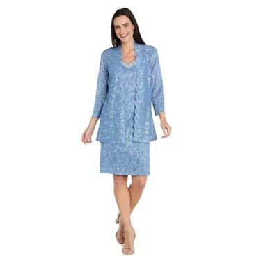 Imagem de Vestido com 2 peças, comprimento até o joelho, renda, recortado, com decote em V com contas, Azul, 48