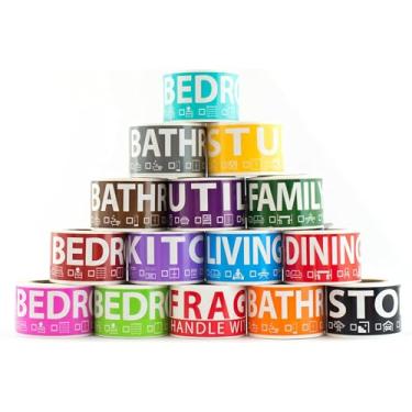 Imagem de 750 etiquetas de mudança de casa para casa de 4 quartos. 50 etiquetas por cômodo, 15 etiquetas codificadas por cores pré-impressas, inclui adesivos móveis frágeis para caixas de mudança, suprimentos