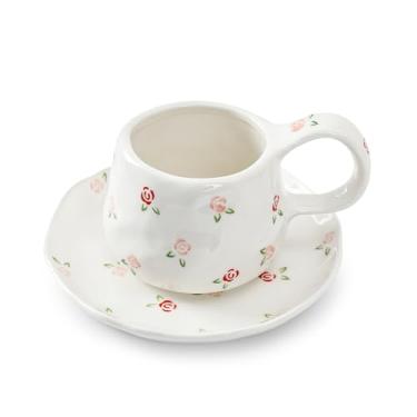 Imagem de Koythin Conjunto de canecas de café de cerâmica com pires, 250 ml / 226.8 g Caneca de café floral fofa irregular, copos de coquete para cappuccino, cacau (flores fragmentadas de rosa vermelha e rosa)