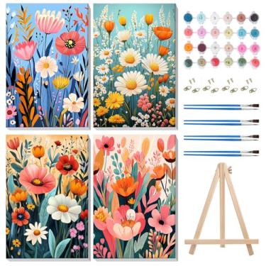 Imagem de MISCER Pacote com 4 kits de pintura emoldurada por números para adultos iniciantes, kits de pintura por números em tela com cavalete, pintura emoldurada de flores por números para decoração de parede