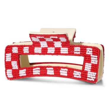 Imagem de Grampo de cabelo de dia de jogo para mulheres com contas quadriculadas beisebol futebol clipes de cabelo roupas dia de jogo esportes fãs de futebol mãe acessórios presentes (vermelho branco)