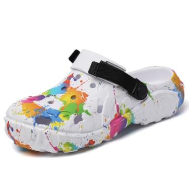 Imagem de Tamancos masculinos Color Splash EVA – Sapatos de jardim leves e respiráveis com alça ajustável, sandálias de verão antiderrapantes à prova d'água para praia, quintal e uso diário, Branco, 41