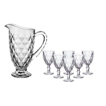 Imagem de Kit 7 PeçAs TaçAs Diamond 320ml + Jarra Diamante 1,2l Para áGua Suco Bico Jaca Abacaxi Transparente(Jarra Curvada + 6 Taças 260ml)
