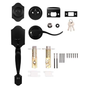 Imagem de KHZSPP Conjunto de fechadura e maçaneta de porta frontal preta, conjunto de maçaneta e fechadura com maçaneta reversível, ferragens clássicas para decoração de casa