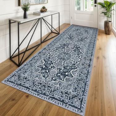 Imagem de KUTA Tapete de cozinha lavável 7 x 20 cm, antiderrapante, lavável, 2,4 m, azul marinho, estampado, vintage, desgastado, floral, tapete ultramacio, para quarto, sala de estar