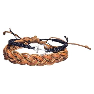 Imagem de BlueRica Pulseira de marinheiro de couro trançado ajustável feita à mão e pulseira âncora de algodão preto conjunto de 2 peças - estilo náutico unissex masculino feminino, One Size, Algodão, Sem Pedra