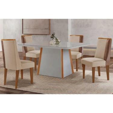 Imagem de Conjunto Sala de Jantar Tilia c/ Tampo Madeirado c/ Vidro Canto Curvo 120x80cm e 4 Cadeiras Tilia Madeira Maciça Naturale/Off White - Capuccino/Suede 