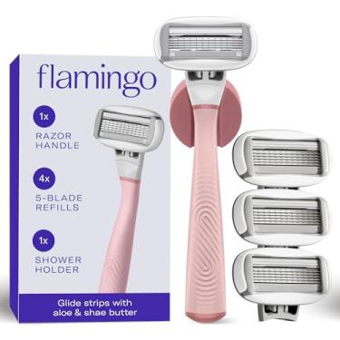 Imagem de Flamingo Lâminas de barbear femininas, 1 cabo de barbear feminino rosa), 4 refis de cinco lâminas e 1 suporte de chuveiro