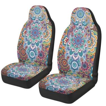 Imagem de gearider Conjunto de 2 capas de assento de carro Boho Mandala Flower de tecido elástico dianteiro, ajuste universal, decoração de interiores de carro, acessório automotivo