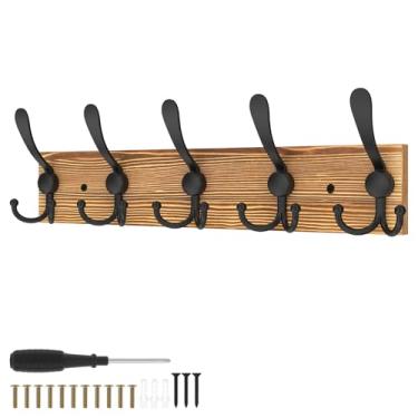 Imagem de Suporte de parede para cabideiro, trilho longo de madeira de 43 cm com 5 ganchos, cada gancho suporta até 5 kg, design de gancho superior estendido garante suspensão segura para pendurar mochila