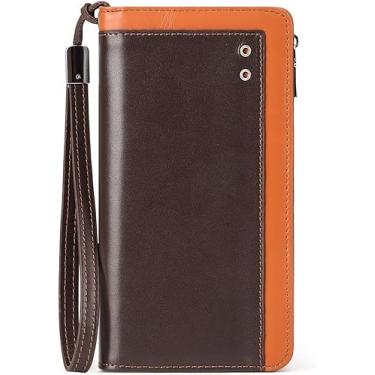 Imagem de Carteira de couro genuíno elegante durável vintage longa para homens porta-cartões bolsa de telefone, Café, Compact