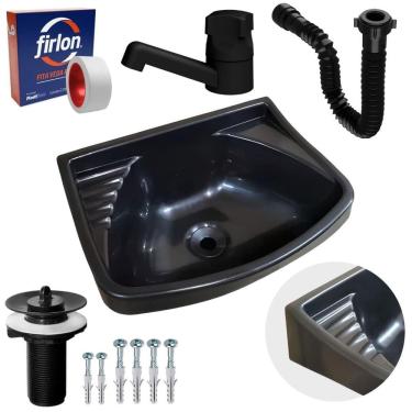 Imagem de Pia Lavatório Plástico 4,8L Preta + Sifão + Torneira Preta