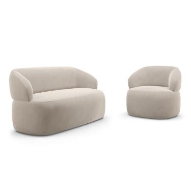 Imagem de Kit Poltrona Giratória E Sofá Orgânico Living Glee 03 Lugares 170cm Veludo Bege - Abmaza