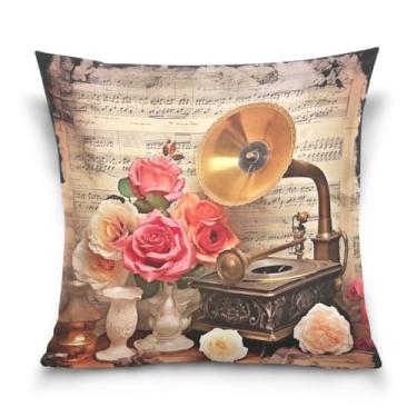 Imagem de Wassud Capas de almofadas decorativas vintage de gramofone e rosas 45,7 x 45,7 cm para sofá, sofá, casa, casa de fazenda, decoração de quarto
