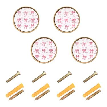 Imagem de Burbuja Puxadores de armário de cozinha Pink Bows, pacote com 4, puxadores redondos de 3,5 cm, puxadores de cômoda com parafusos para armários de cozinha, quarto, armário