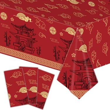 Imagem de Avikosi Toalha de mesa de plástico Hibachi de 3 peças 137 x 272 cm – Capa de mesa retangular descartável oriental vermelha e dourada para festa de ano novo chinês/ano novo lunar, festival asiático e