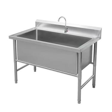 Imagem de Conjunto de pia de cozinha de restaurante comercial, pia de aço inoxidável independente, pia de tigela única grande, pias utilitárias de aço inoxidável, com kit de drenagem e torneira (100 cm/39,4 pol