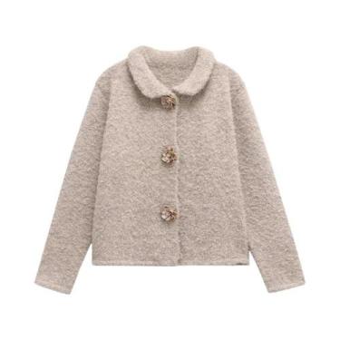 Imagem de Suéter cardigã feminino de malha com botão floral, gola lapela, manga 