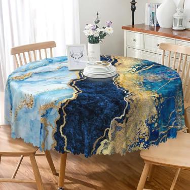 Imagem de SIEDYCV Toalha de mesa redonda de mármore azul 152 cm azul real marmorizado pano de mesa de tecido líquido dourado poliéster antirrugas reutilizável natural luxuosa capa de mesa para cozinha, jantar