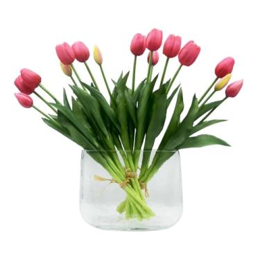 Imagem de Moderspace 15 peças de flores de tulipas artificiais, toque real de tulipas falsas, buquês de látex sintético, para decoração de quarto de casa de casamento, festa (rosa vermelha)