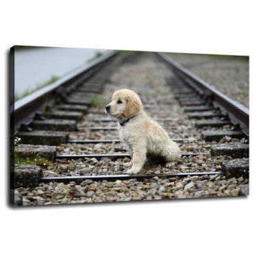 Imagem de 093 Golden Wall Art Puppy Canvas Prints Pôster de cachorro para casa conjunto de 1 decorações com moldura 30,48 cm x 20,32 cm