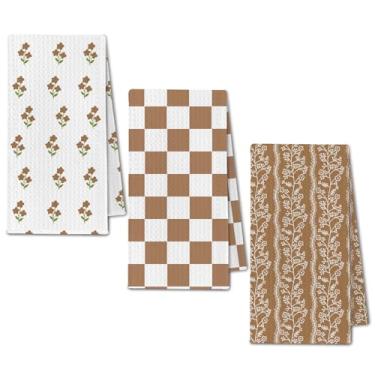 Imagem de ChissNook Boho Toalhas de cozinha xadrez floral, toalhas de prato xadrez marrom e branco pano de secagem para cozinha, toalha de mão decorativa de flores com estampa de blocos para banheiro, 40,6 x 61