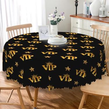 Imagem de SIEDYCV Toalha de mesa redonda dourada preta de 152 cm, luxuosa coroa VIP dourada, tecido estrelas, resistente a manchas e vincos, capa de mesa dourada lavável para decoração de aniversário, formatura