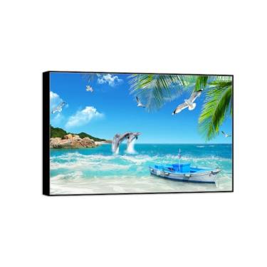 Imagem de BMZFYBS Impressão em tela de paisagem de arte de parede com moldura preta - pássaros de barco marítimo - pintura de decoração - imagens para quarto 20 x 30 cm 8 x 12 pol