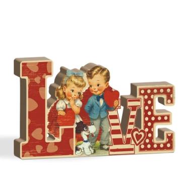 Imagem de Putuo Decor Placa de mesa vintage de amor, decoração retrô de cornija de dia dos namorados com ilustração infantil, letras de coração vermelho independentes para casa, escritório, festa de casamento