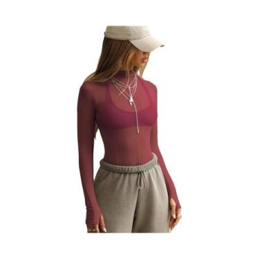 Imagem de Camiseta Feminina Slim-Fit De Malha Transparente Manga Longa Gola Meia