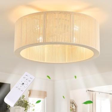 Imagem de Bewishing Ventilador de teto Boho com luz e controle remoto, ventilador de teto de vime com montagem embutida de luz tecida casa de fazenda em gaiola fechada 6 velocidades ventiladores de teto para