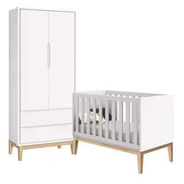 Imagem de Jogo De Quarto Classic Guarda Roupa 2 Portas E Berço Branco Fosco Com Pés Madeira Natural Reller Móveis Branco Fosco