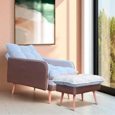 Imagem de Poltrona Reclinável Em 3 Posições Com Puff Em Linho Premium Bege/caramelo Bege/caramelo C/puff Roma