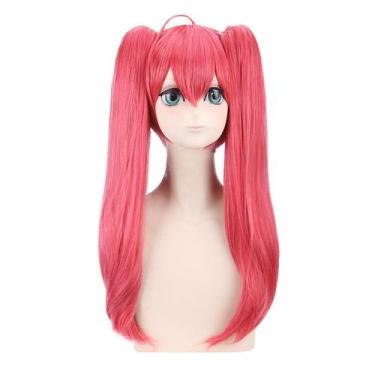 Imagem de Peruca de cosplay rosa vermelha com rabos de cavalo duplos longos com 