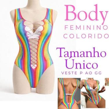 Imagem de Body Feminino Colorido Arco Íris Arrastão Confortável Look Festa Balad